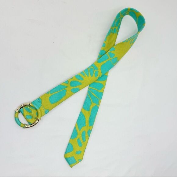 J. Crew Teal Lime Linen Abstract Print Gold Tone Buckle  Adjustable Fabric Belt - Picture 4 of 12